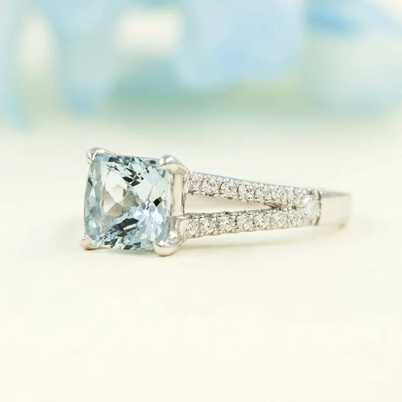 14K CUSHION AQUAMARINE DIAMOND RING