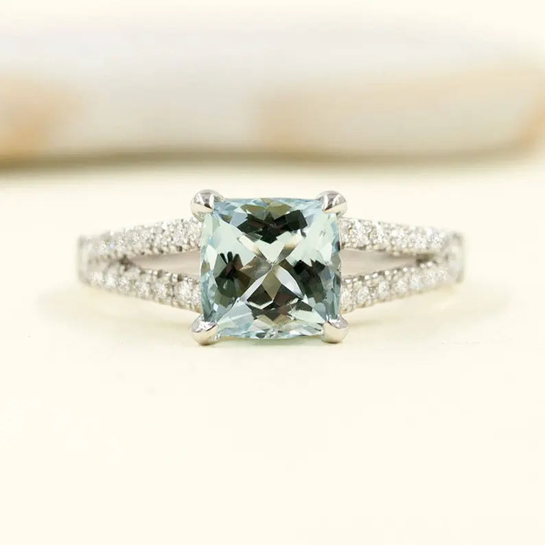 14K CUSHION AQUAMARINE DIAMOND RING