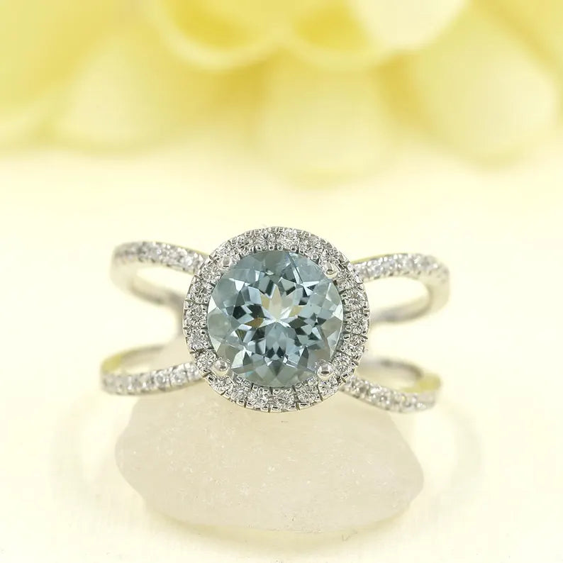 14K AQUAMARINE DIAMOND HALO DOUBLE BAND RING