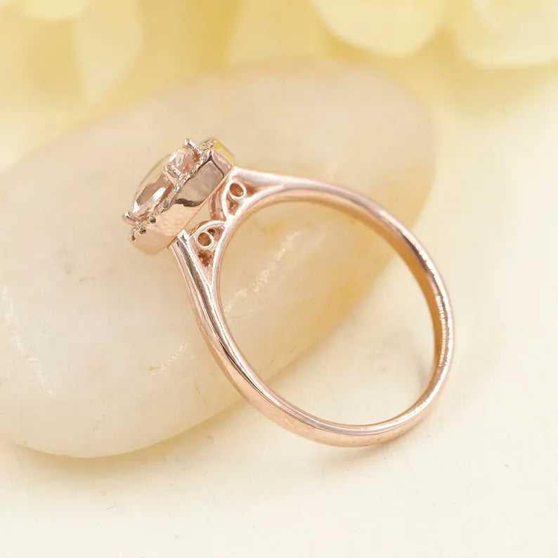 14K PEAR MORGANITE DIAMOND HALO SOLITAIRE RING