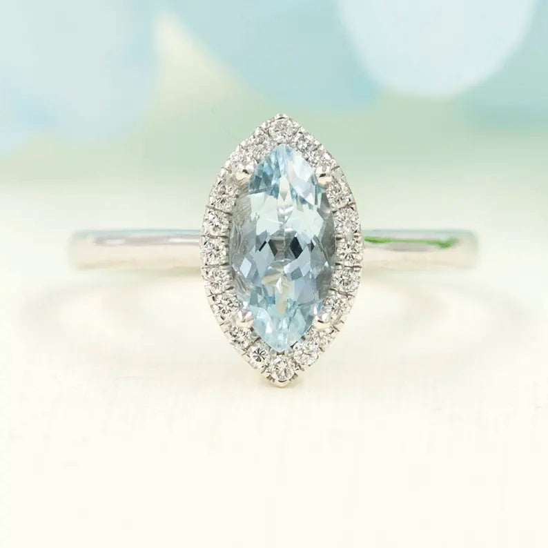 14K MARQUISE AQUAMARINE DIAMOND HALO SOLITAIRE RING