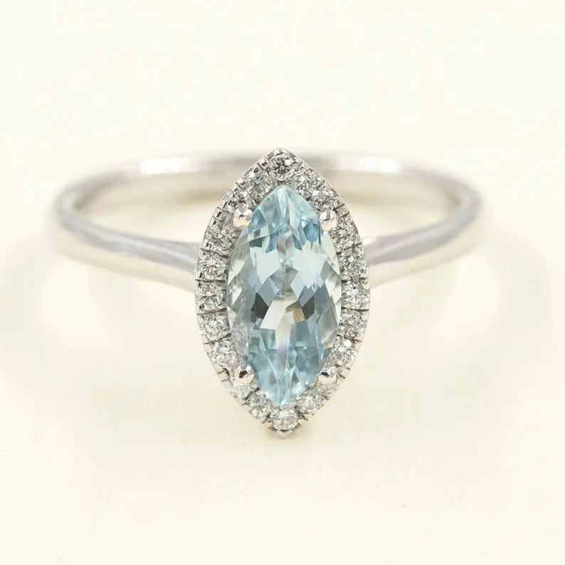 14K MARQUISE AQUAMARINE DIAMOND HALO SOLITAIRE RING