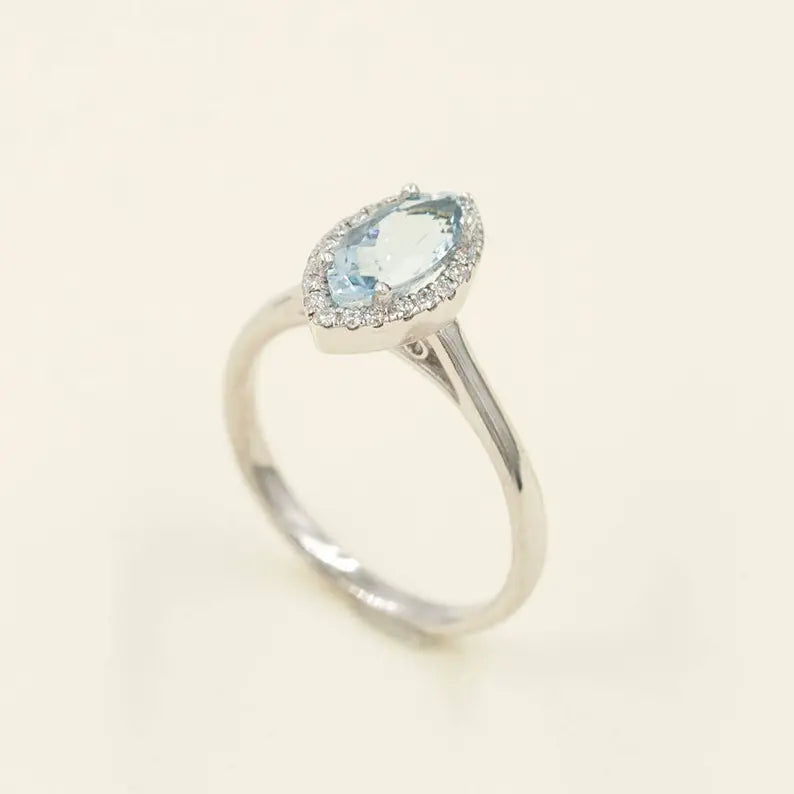 14K MARQUISE AQUAMARINE DIAMOND HALO SOLITAIRE RING