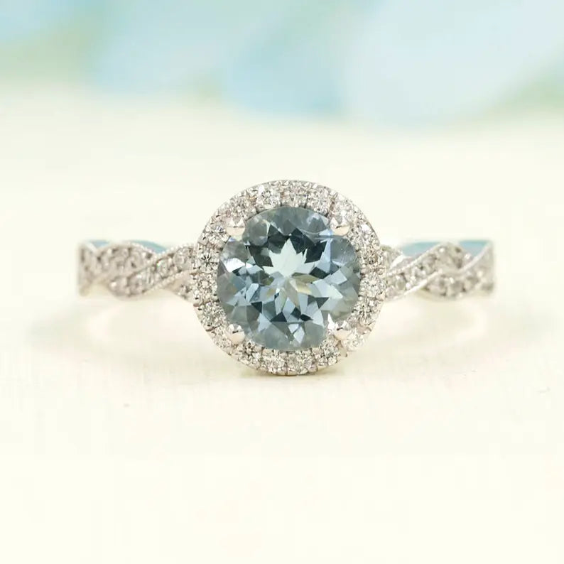 14K AQUAMARINE DIAMOND HALO TWIST RING