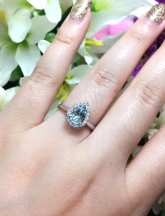 14K PEAR AQUAMARINE DIAMOND HALO SOLITAIRE RING