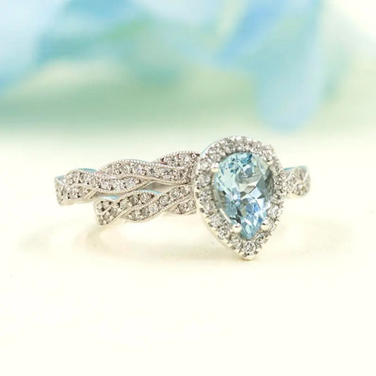 14K PEAR AQUAMARINE DIAMOND HALO RING TWIST BAND 2 RING SET