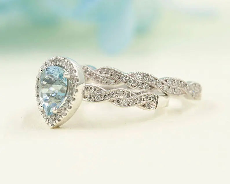 14K PEAR AQUAMARINE DIAMOND HALO RING TWIST BAND 2 RING SET