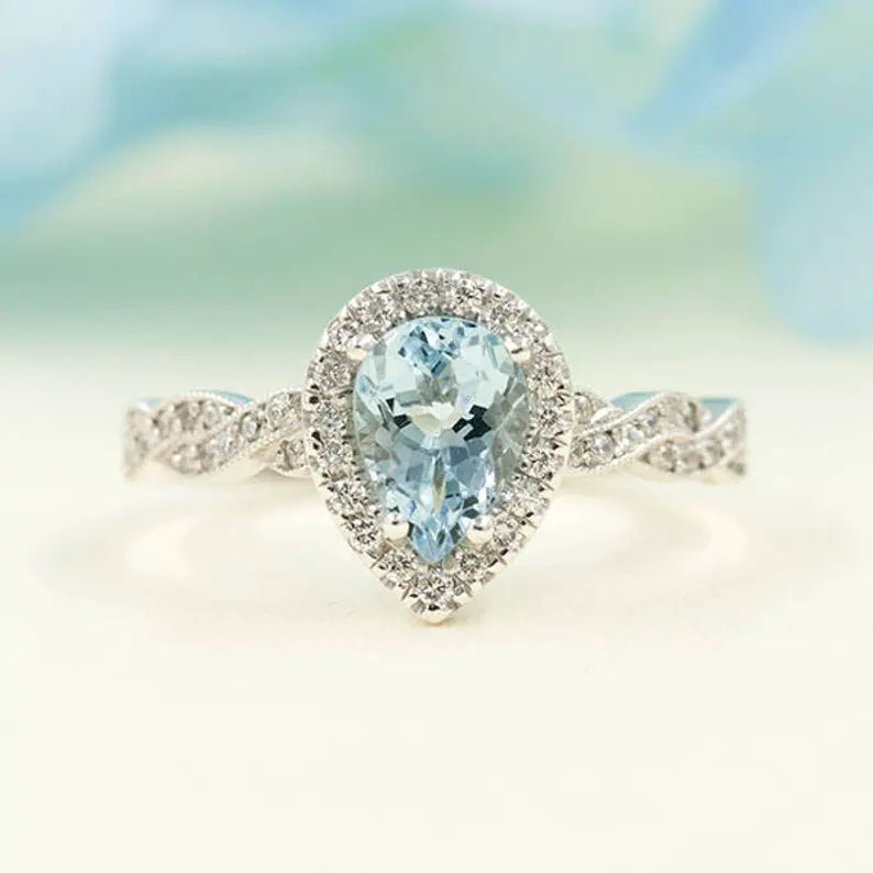 14K PEAR AQUAMARINE DIAMOND HALO RING TWIST BAND 2 RING SET