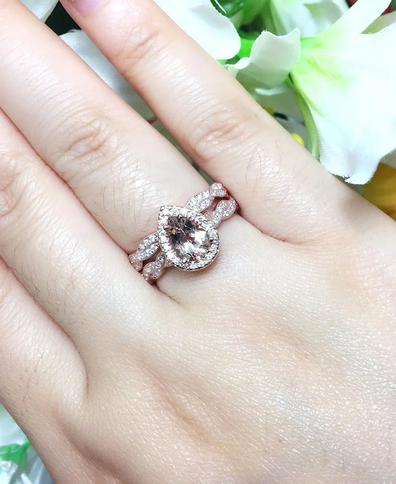 14K PEAR MORGANITE DIAMOND HALO TWIST RING