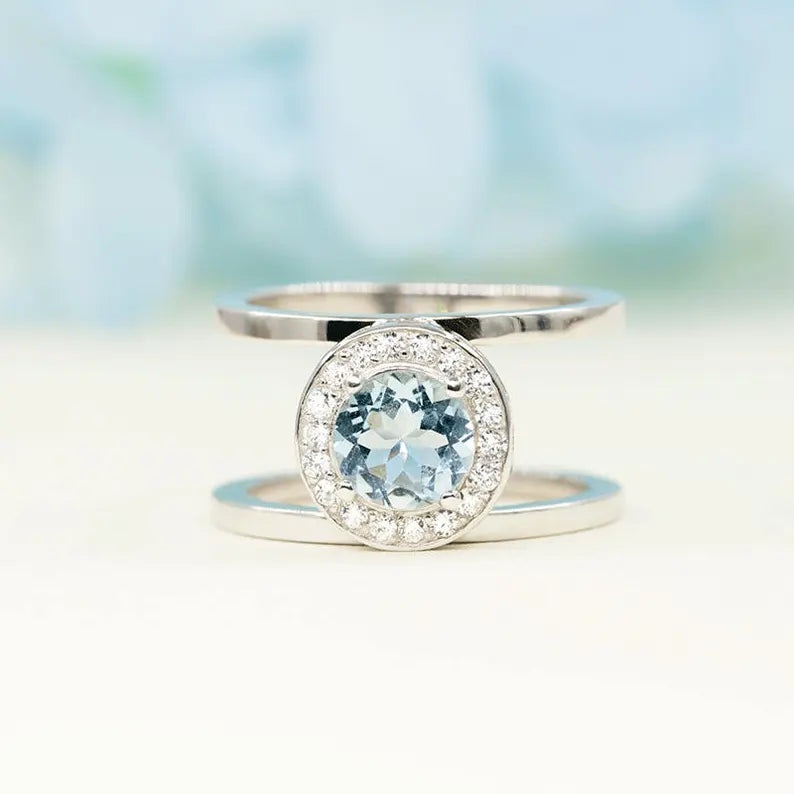 14K AQUAMARINE DIAMOND HALO GUARD RING