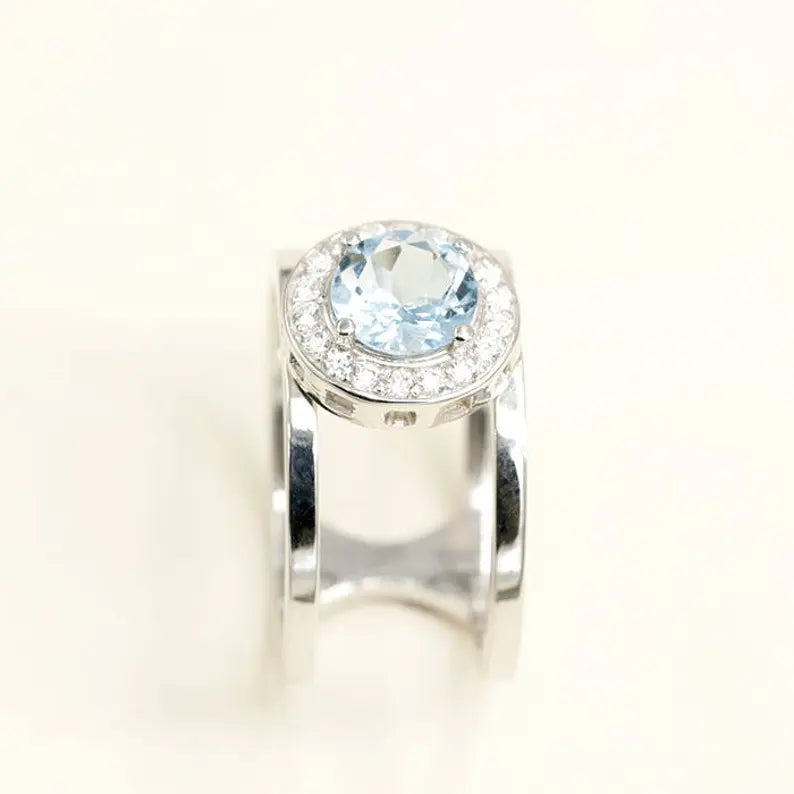 14K AQUAMARINE DIAMOND HALO GUARD RING