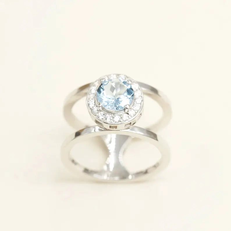 14K AQUAMARINE DIAMOND HALO GUARD RING