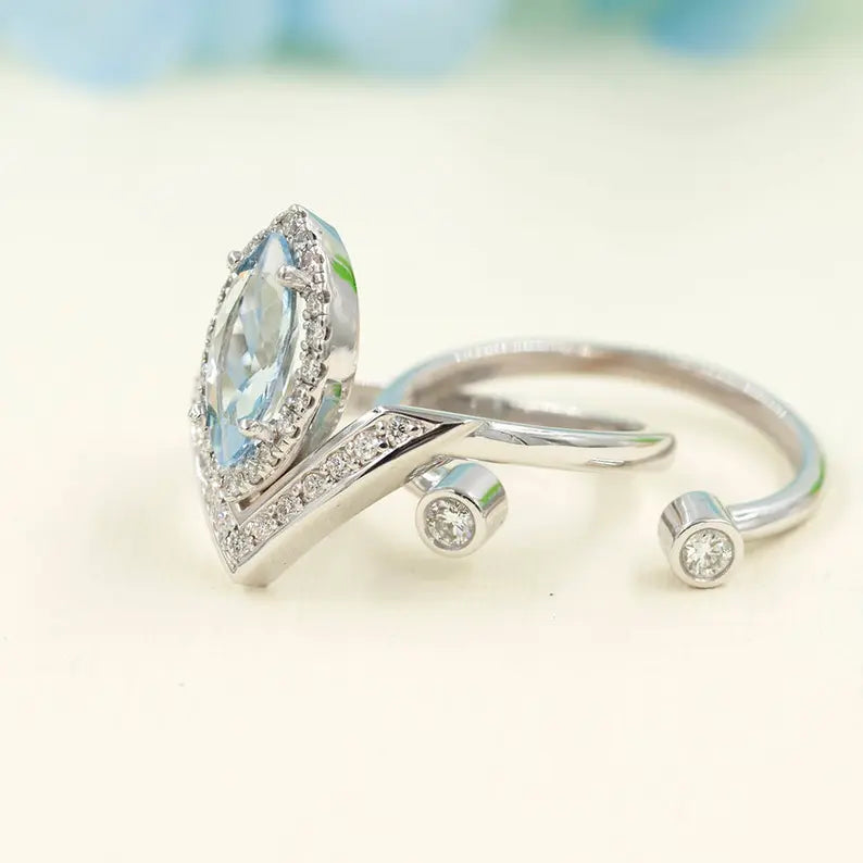 14K MARQUISE AQUAMARINE DIAMOND BEZEL RING V BAND 2 RING SET