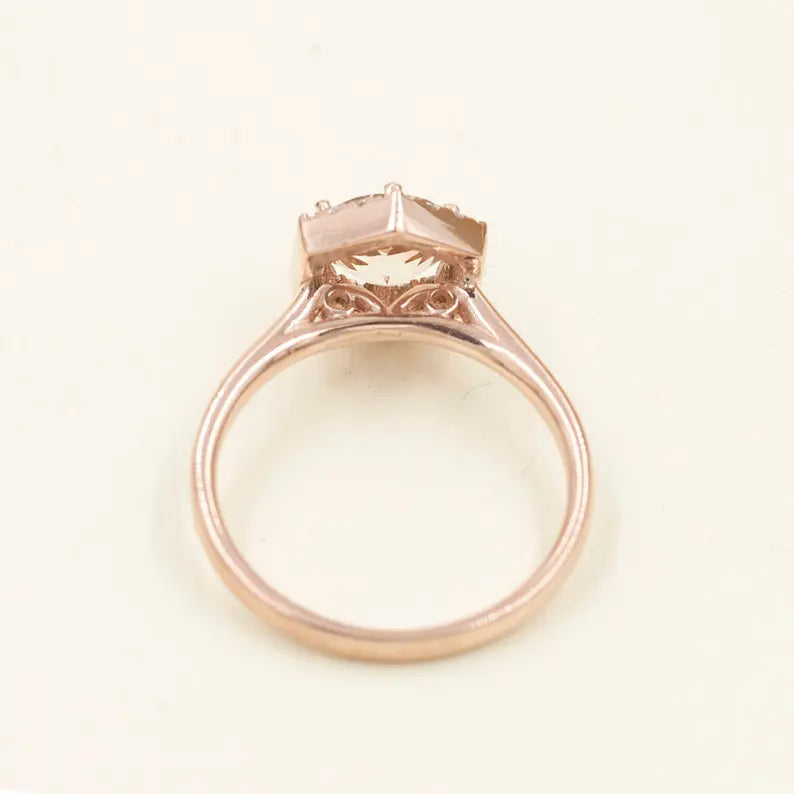 14K MORGANITE DIAMOND HALO HEXAGON SOLITAIRE RING