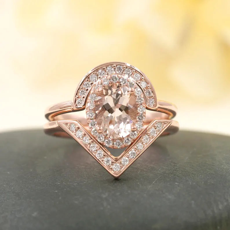 14K OVAL MORGANITE DIAMOND HALO RING V BAND 2 RING SET