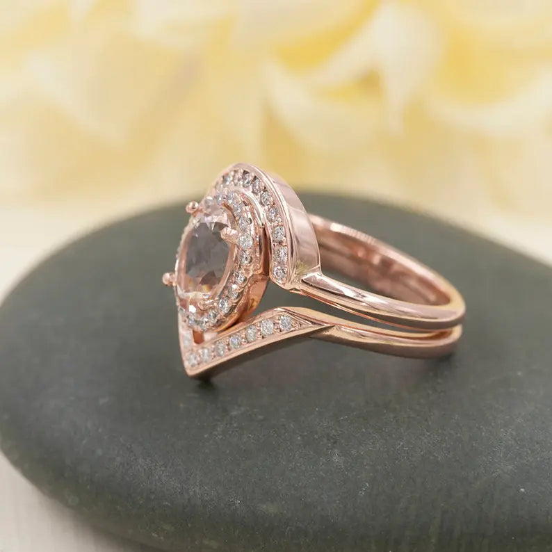 14K OVAL MORGANITE DIAMOND HALO RING V BAND 2 RING SET