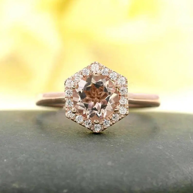 14K MORGANITE DIAMOND HALO HEXAGON SOLITAIRE RING