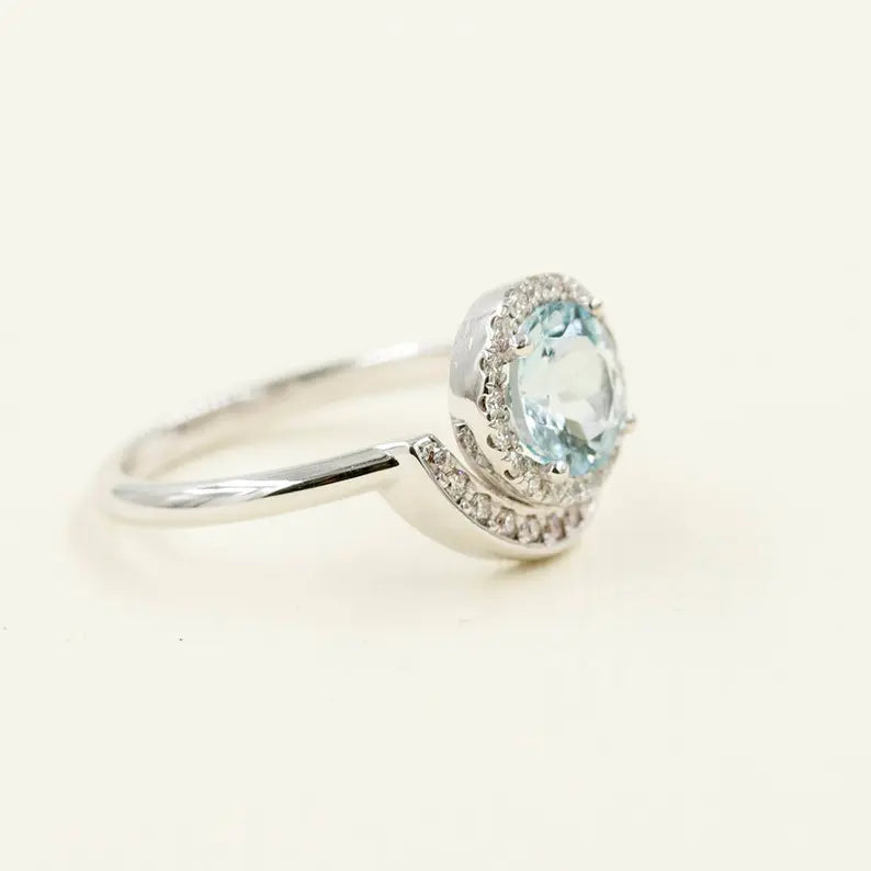 14K AQUAMARINE DIAMOND HALO MOON RING