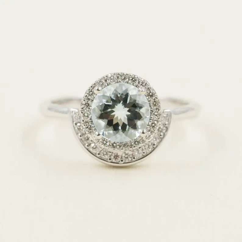 14K AQUAMARINE DIAMOND HALO MOON RING