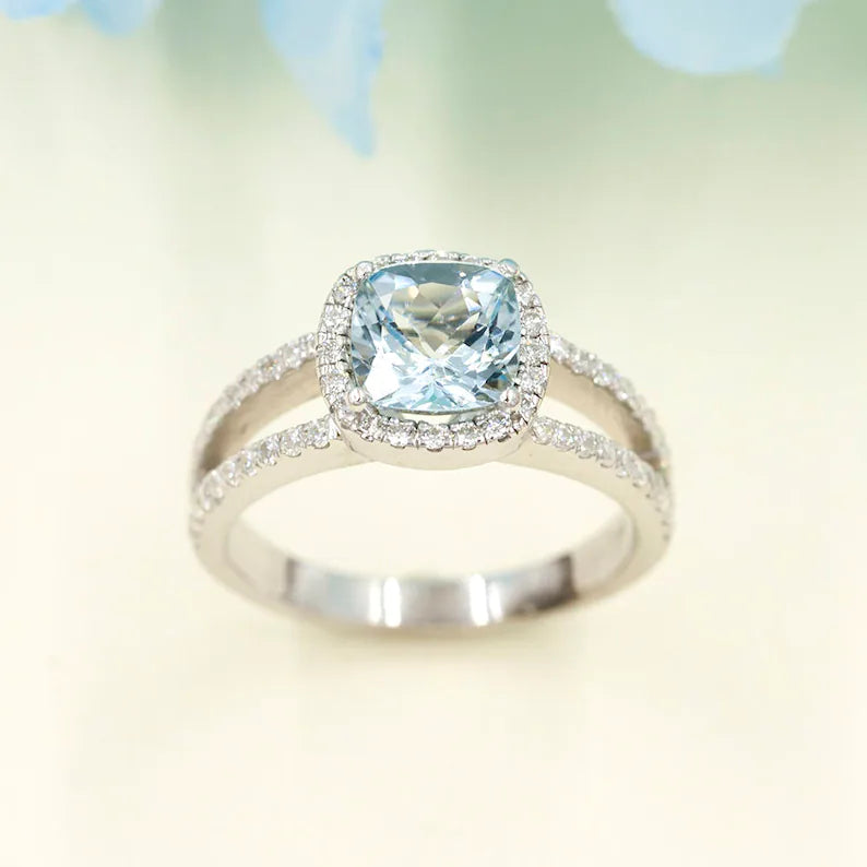 14K CUSHION AQUAMARINE DIAMOND HALO RING