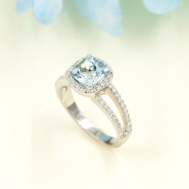 14K CUSHION AQUAMARINE DIAMOND HALO RING