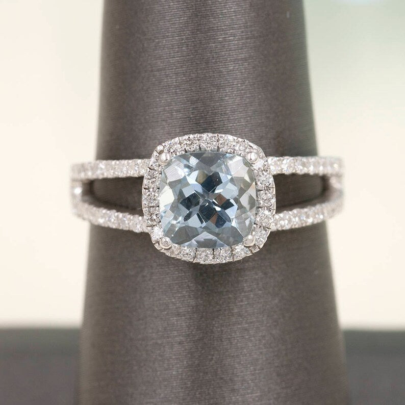 14K CUSHION AQUAMARINE DIAMOND HALO RING