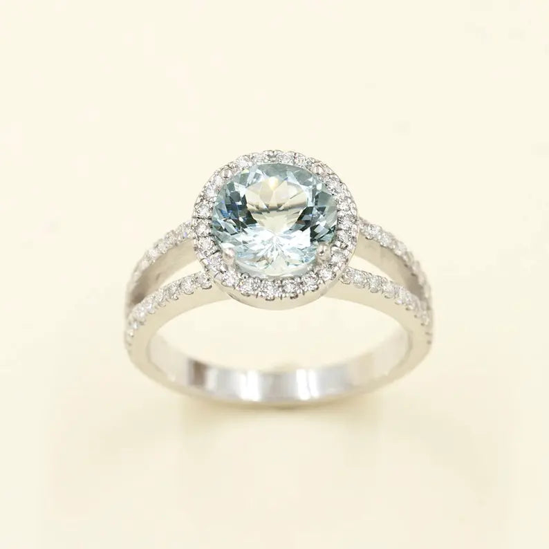 14K AQUAMARINE DIAMOND HALO RING