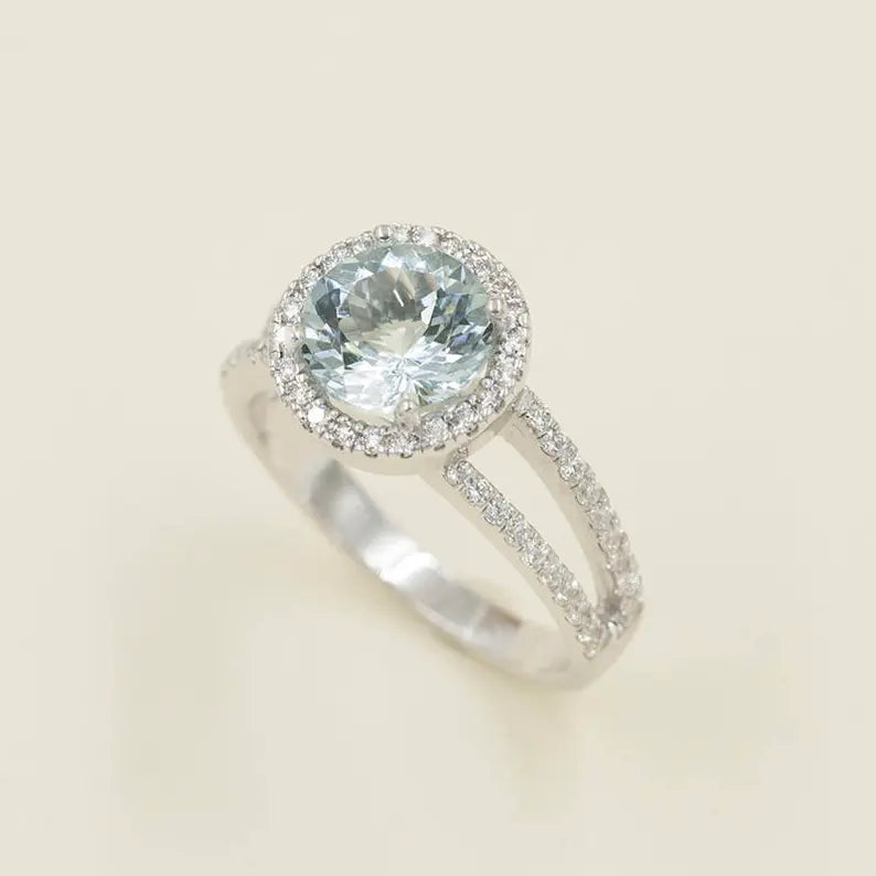 14K AQUAMARINE DIAMOND HALO RING