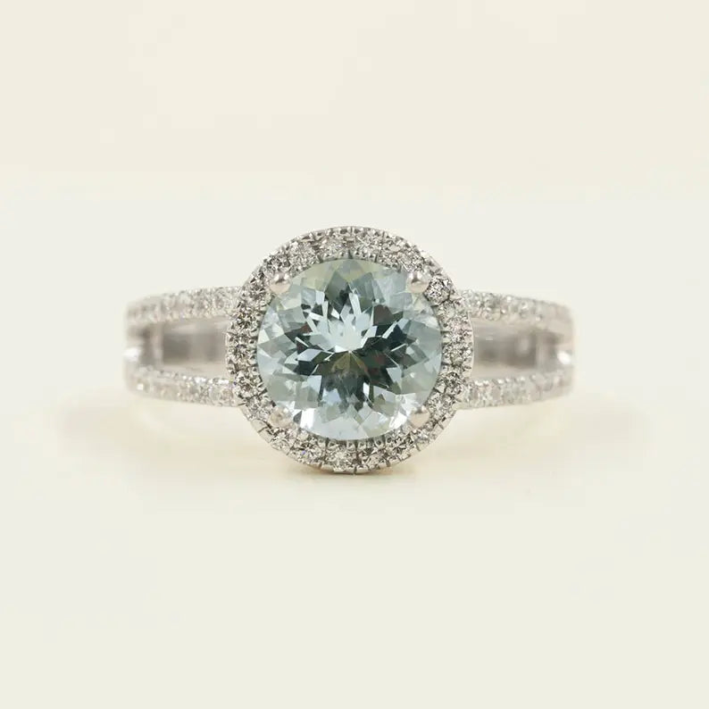 14K AQUAMARINE DIAMOND HALO RING