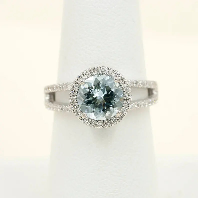 14K AQUAMARINE DIAMOND HALO RING