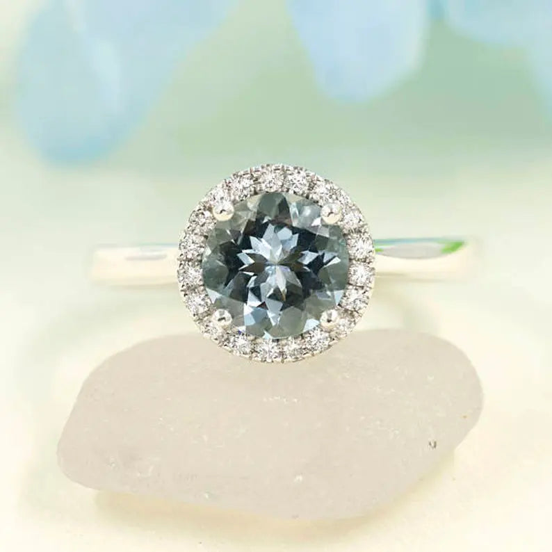 14K AQUAMARINE DIAMOND HALO SOLITAIRE RING