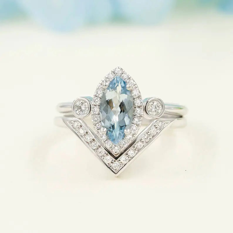 14K MARQUISE AQUAMARINE DIAMOND BEZEL RING V BAND 2 RING SET