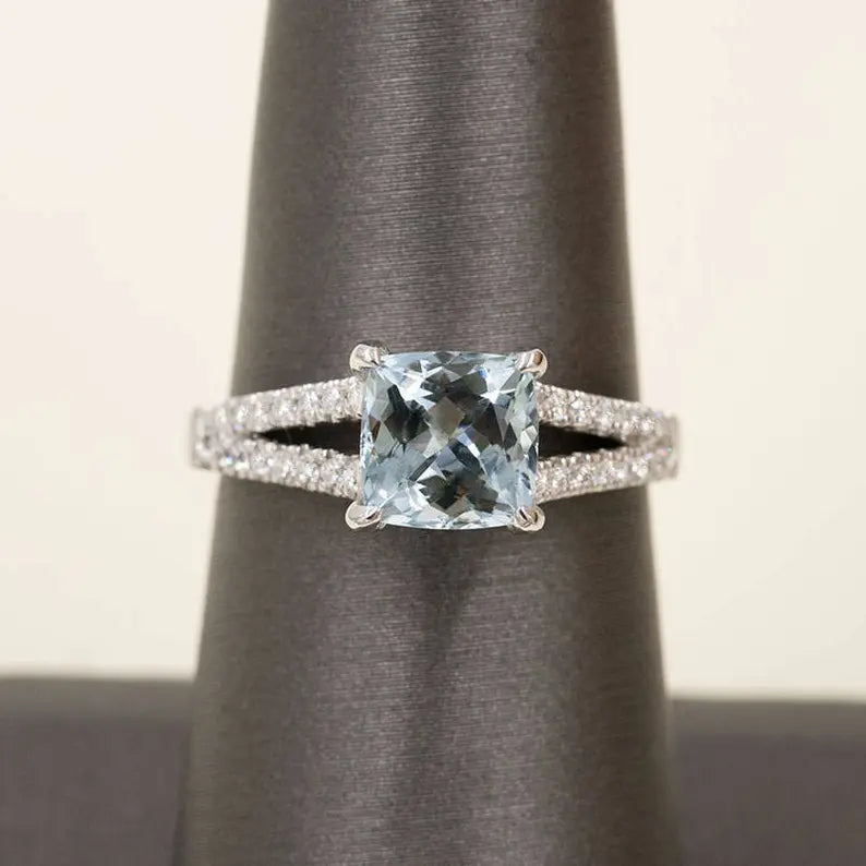 14K CUSHION AQUAMARINE DIAMOND RING