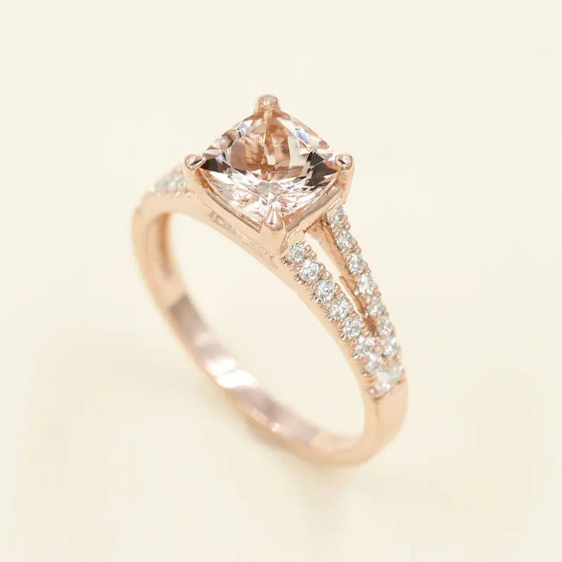 14K CUSHION MORGANITE DIAMOND RING