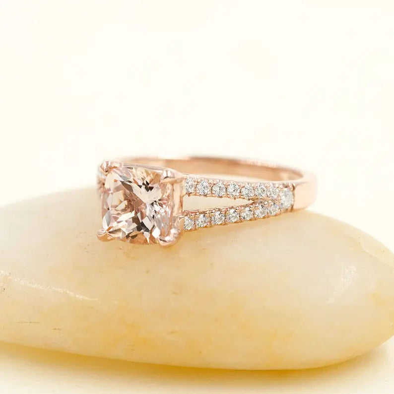 14K CUSHION MORGANITE DIAMOND RING