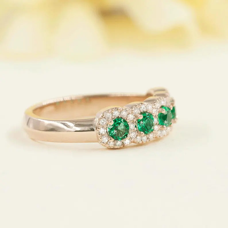 14K EMERALD 0.22CT DIAMOND HALO BAND