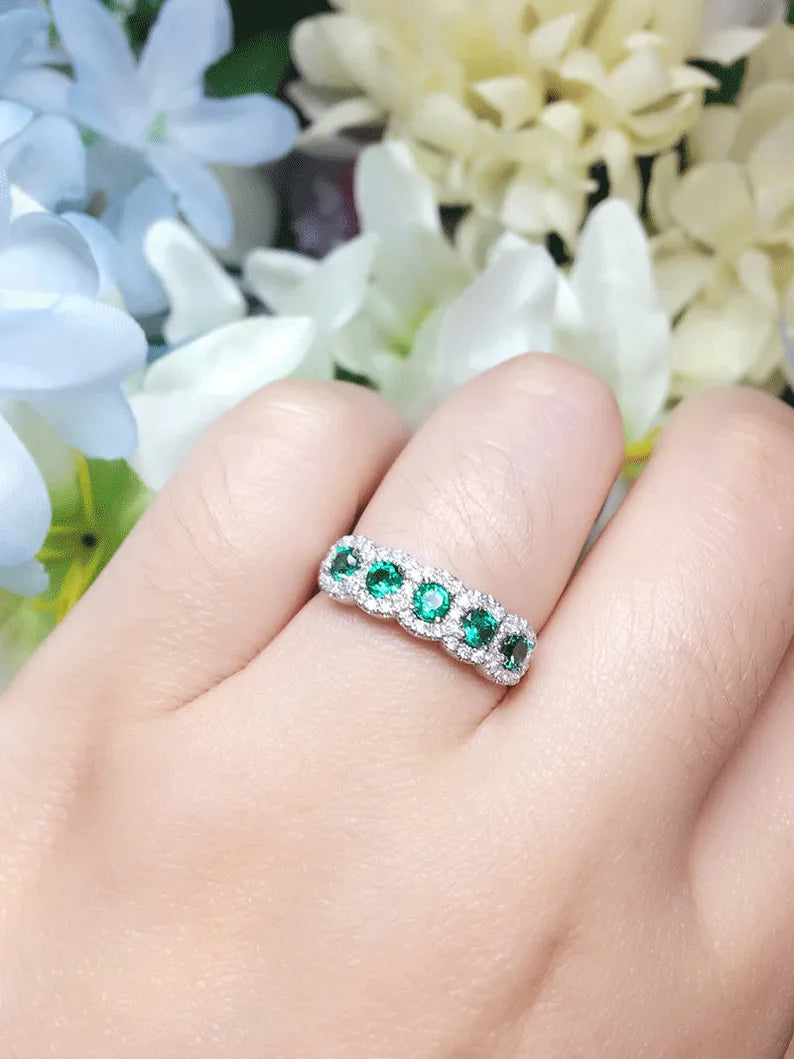 14K EMERALD 0.22CT DIAMOND HALO BAND