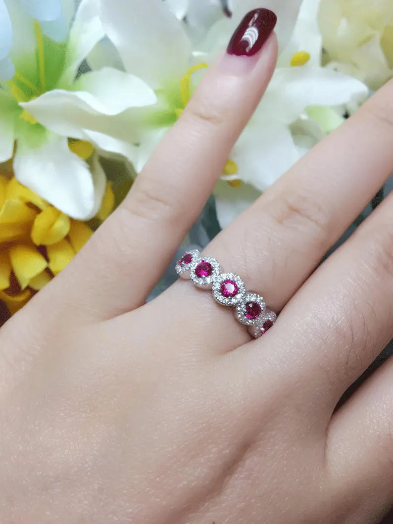 14K RUBY 0.27CT DIAMOND HALO BAND