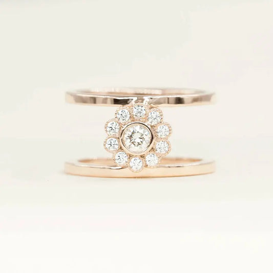 14K DIAMOND FLOWER DOUBLE BAND RING