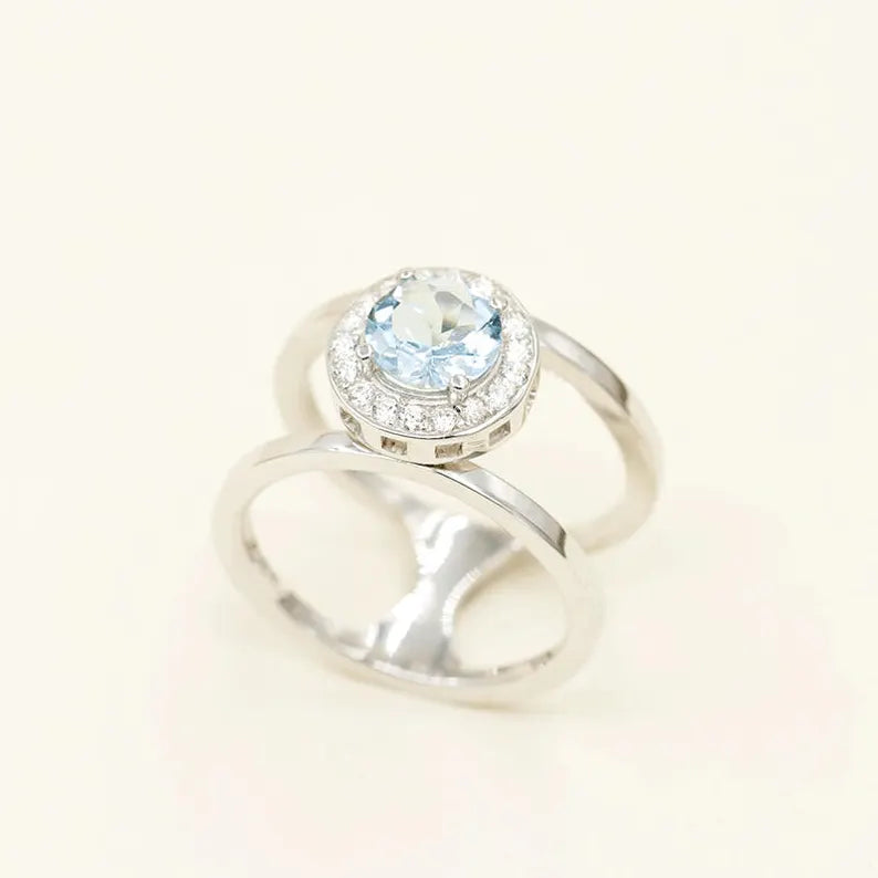 14K AQUAMARINE DIAMOND HALO GUARD RING