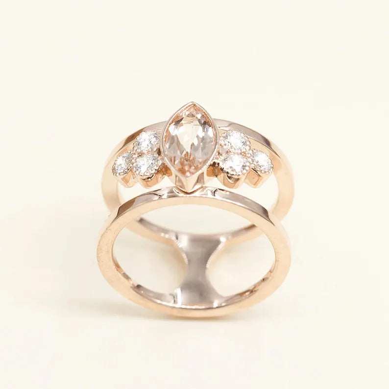 14K MARQUISE MORGANITE DIAMOND CLUSTER GUARD RING