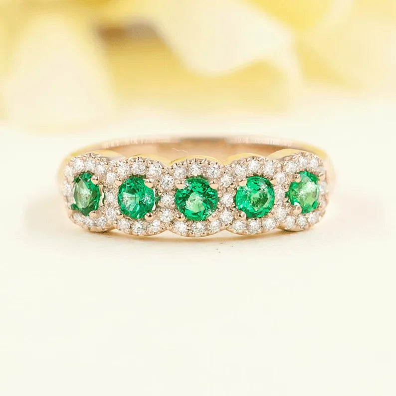 14K EMERALD 0.22CT DIAMOND HALO BAND