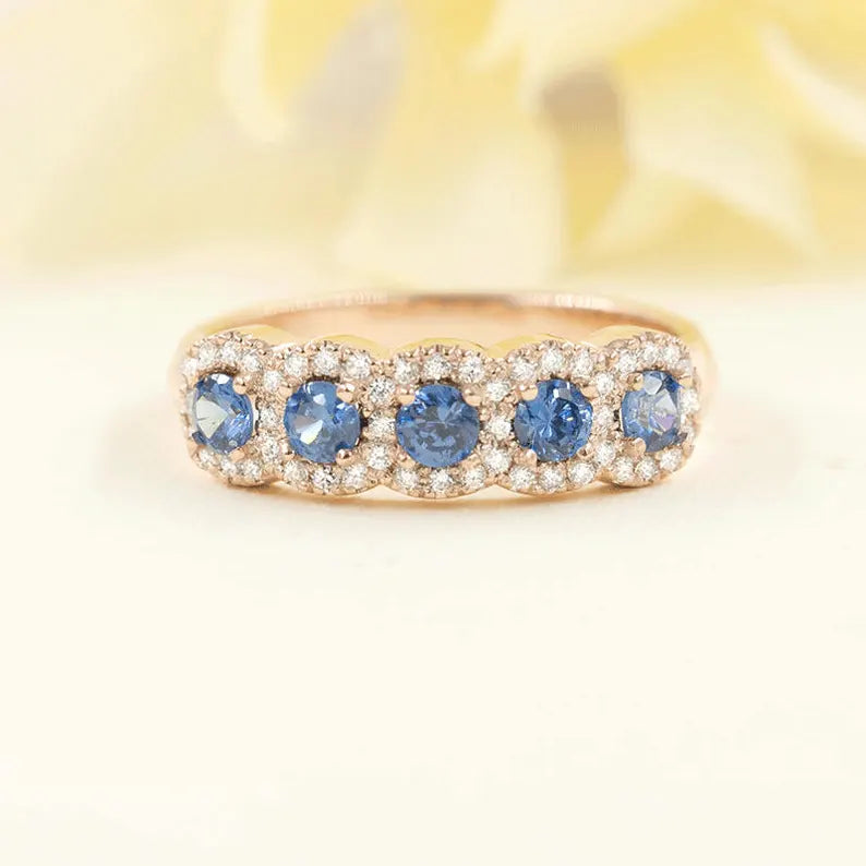 14K SAPPHIRE 0.22CT DIAMOND HALO BAND