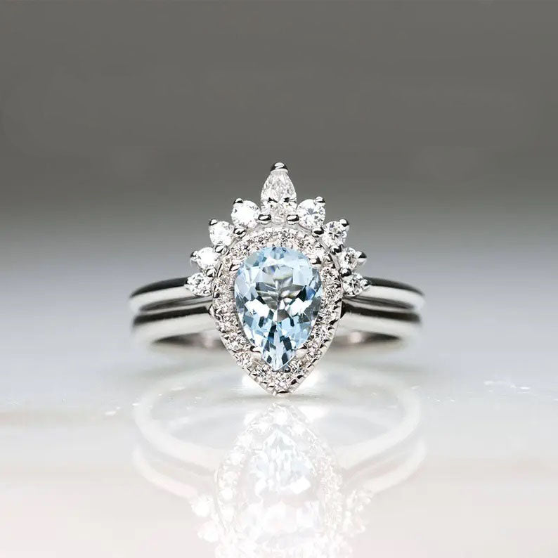 14K PEAR AQUAMARINE DIAMOND HALO ENGAGEMENT RING