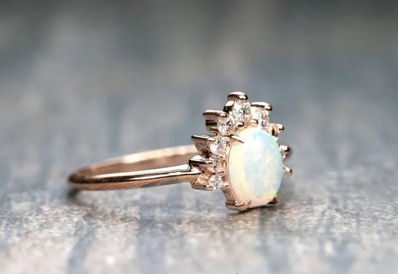 14K OVAL OPAL DIAMOND CROWN RING