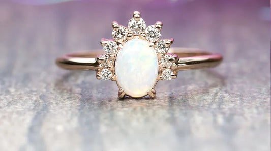 14K OVAL OPAL DIAMOND CROWN RING