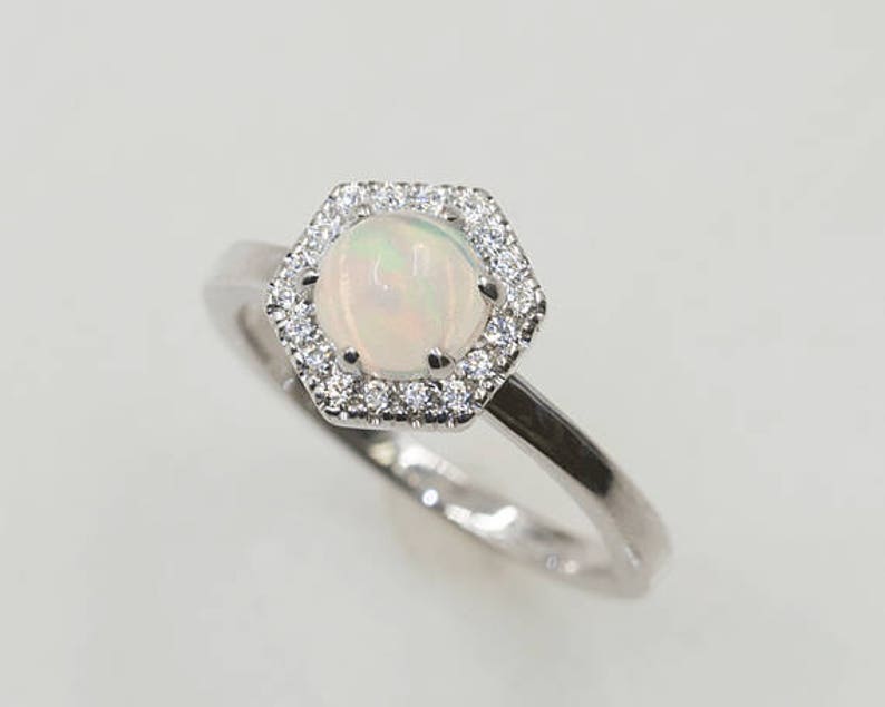 14K OPAL DIAMOND HALO HEXAGON SOLITAIRE RING