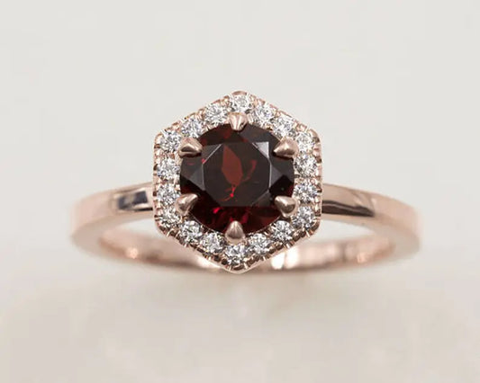 14K GARNET DIAMOND HALO HEXAGON RING