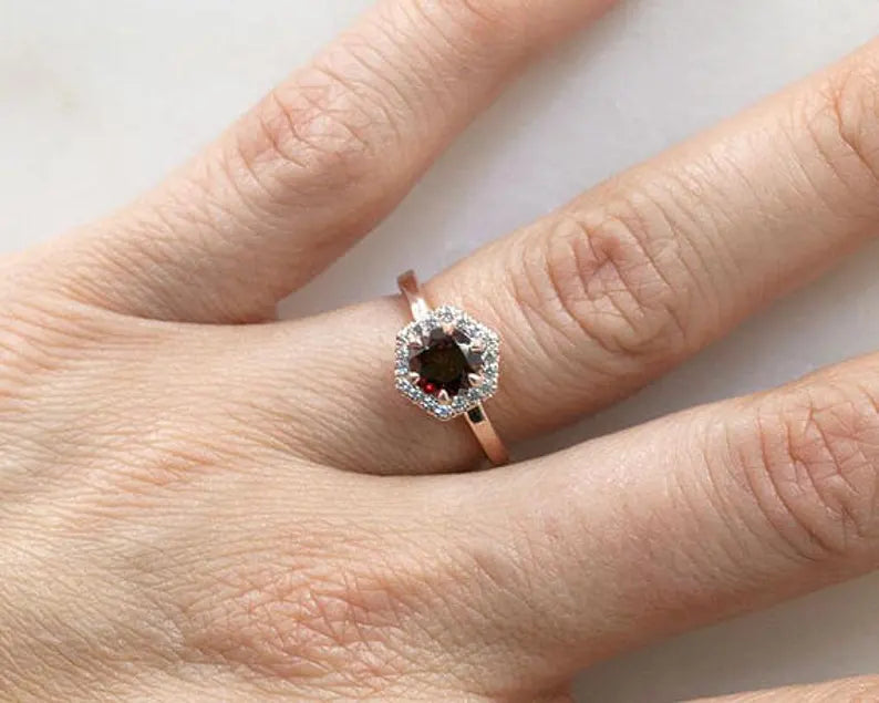 14K GARNET DIAMOND HALO HEXAGON RING