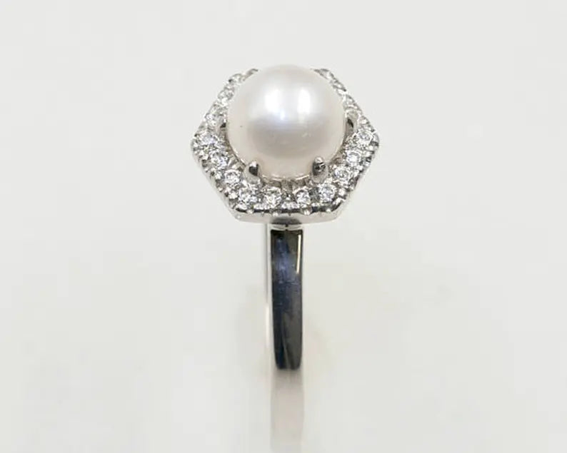 14K PEARL DIAMOND HALO HEXAGON RING